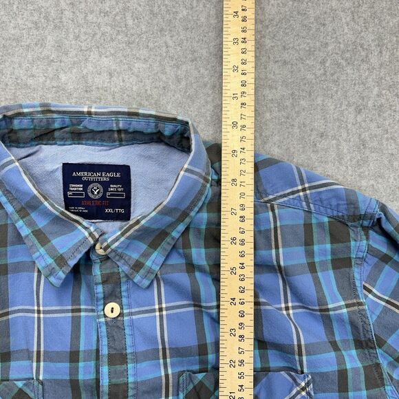 American Eagle Outfitters Mens XXL Long Sleeve Shirt Blue Grey Plaid 2XL Y2K - Picture 10 of 10